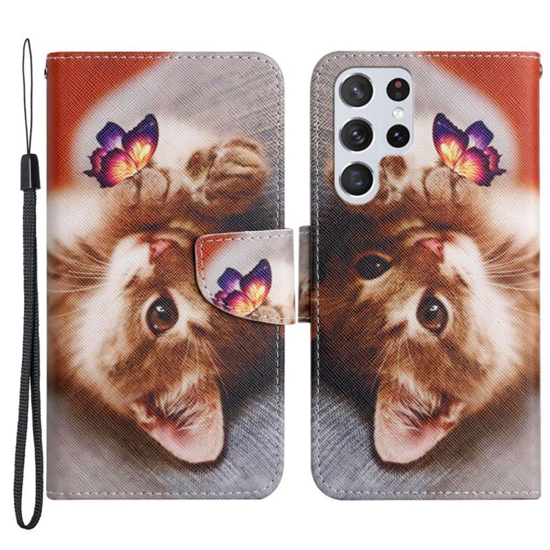 Capa Flip Para Samsung Galaxy S22 Ultra 5G Minha Gatinha E Borboleta