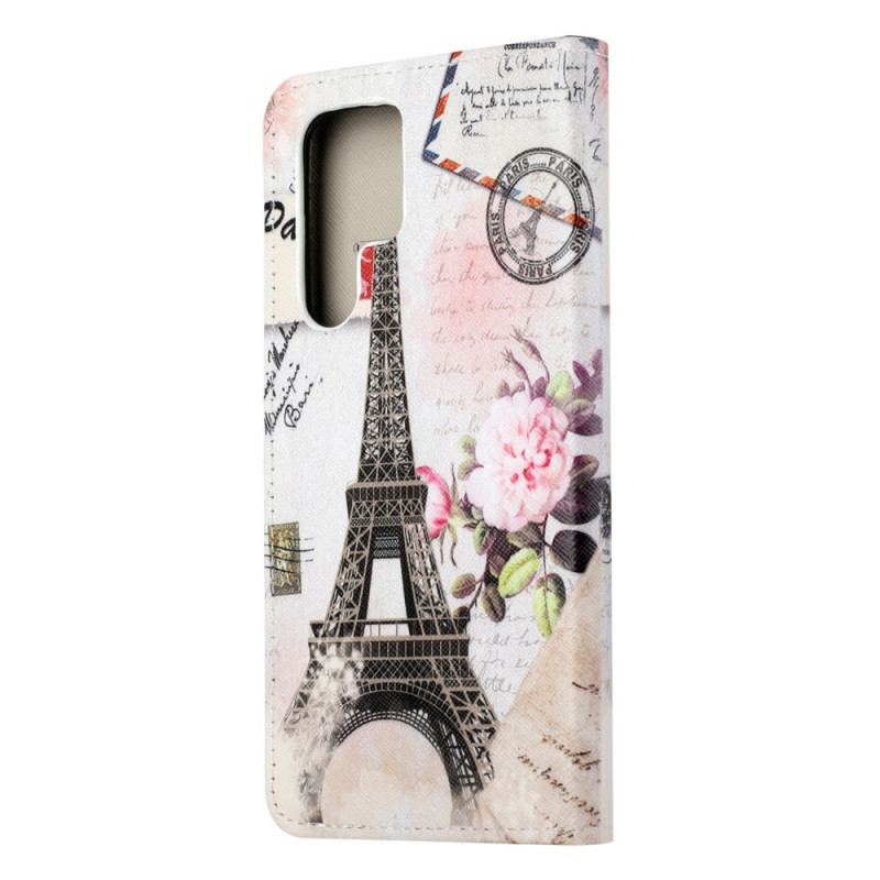 Capa Flip Para Samsung Galaxy S22 Ultra 5G Torre Eiffel Retrô