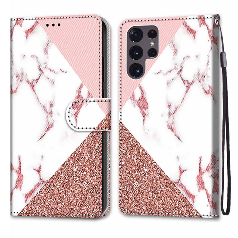 Capa Flip Para Samsung Galaxy S22 Ultra 5G Triângulo De Mármore E Glitter