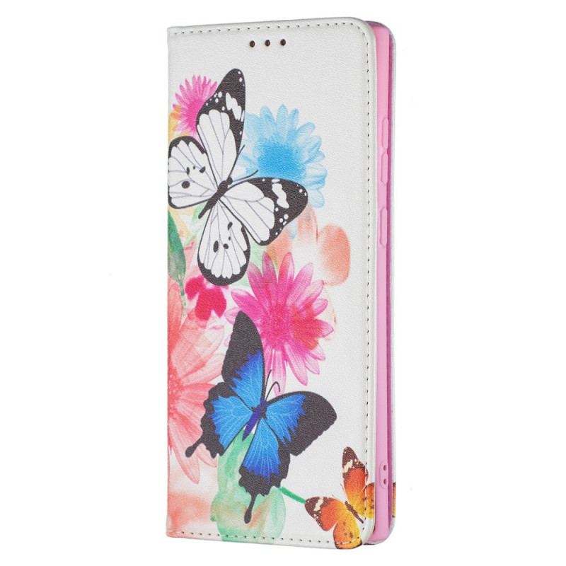 Capa Folio Para Samsung Galaxy S22 Ultra 5G Borboletas E Flores Pintadas