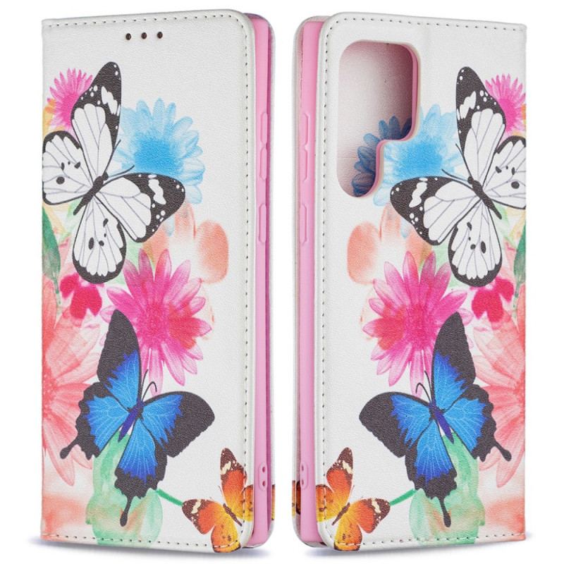 Capa Folio Para Samsung Galaxy S22 Ultra 5G Borboletas E Flores Pintadas