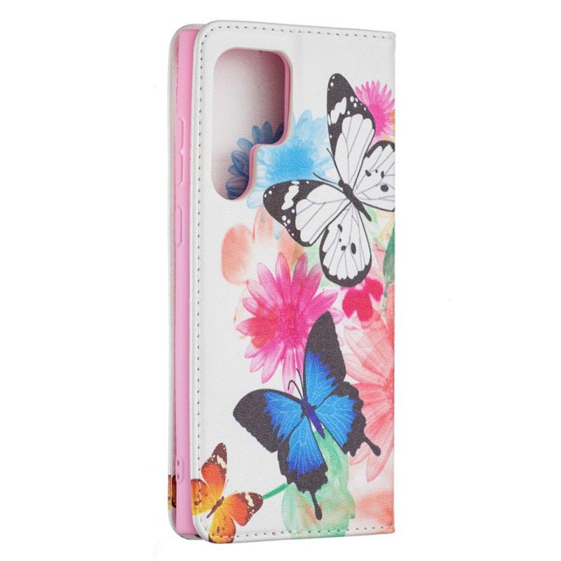 Capa Folio Para Samsung Galaxy S22 Ultra 5G Borboletas E Flores Pintadas