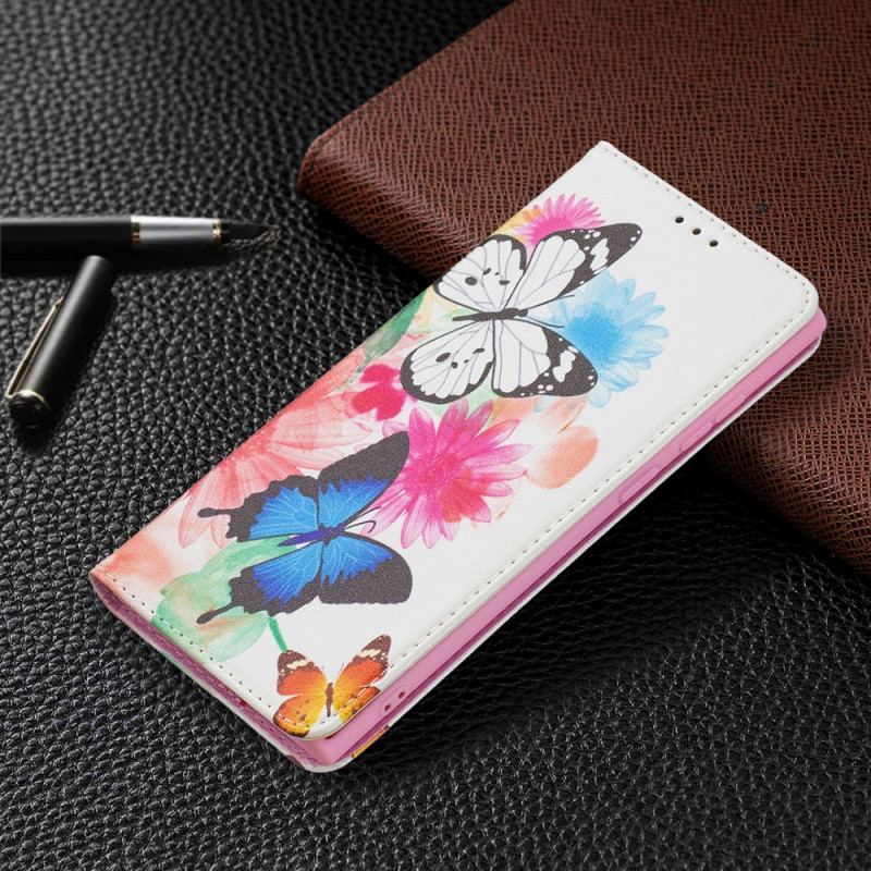 Capa Folio Para Samsung Galaxy S22 Ultra 5G Borboletas E Flores Pintadas