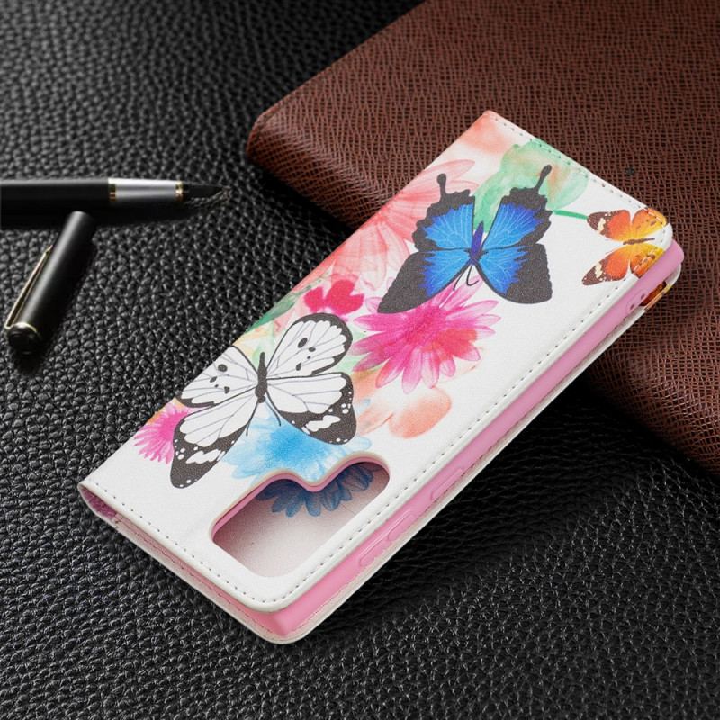 Capa Folio Para Samsung Galaxy S22 Ultra 5G Borboletas E Flores Pintadas