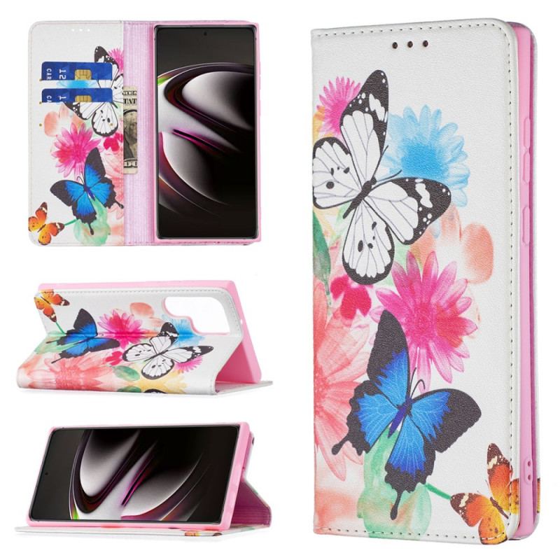 Capa Folio Para Samsung Galaxy S22 Ultra 5G Borboletas E Flores Pintadas