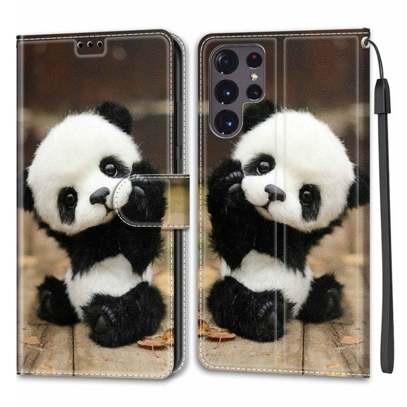 Capa Folio Para Samsung Galaxy S22 Ultra 5G De Cordão Brinque De Pequeno Panda Com Alça