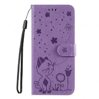 Capa Folio Para Samsung Galaxy S22 Ultra 5G De Cordão Gato E Abelha Com Cordão