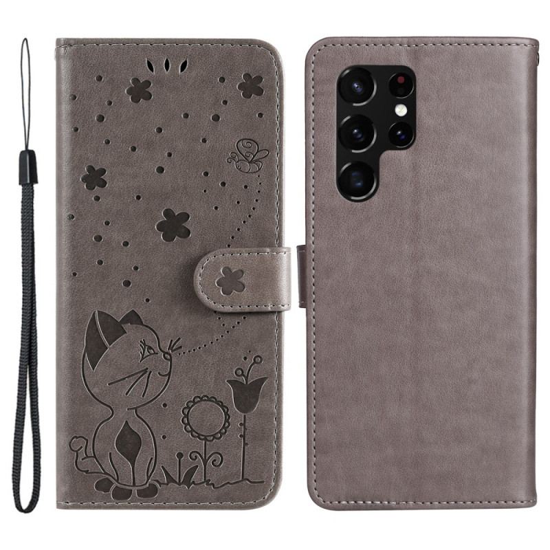 Capa Folio Para Samsung Galaxy S22 Ultra 5G De Cordão Gato E Abelha Com Cordão