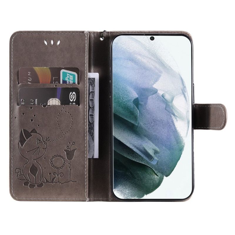 Capa Folio Para Samsung Galaxy S22 Ultra 5G De Cordão Gato E Abelha Com Cordão