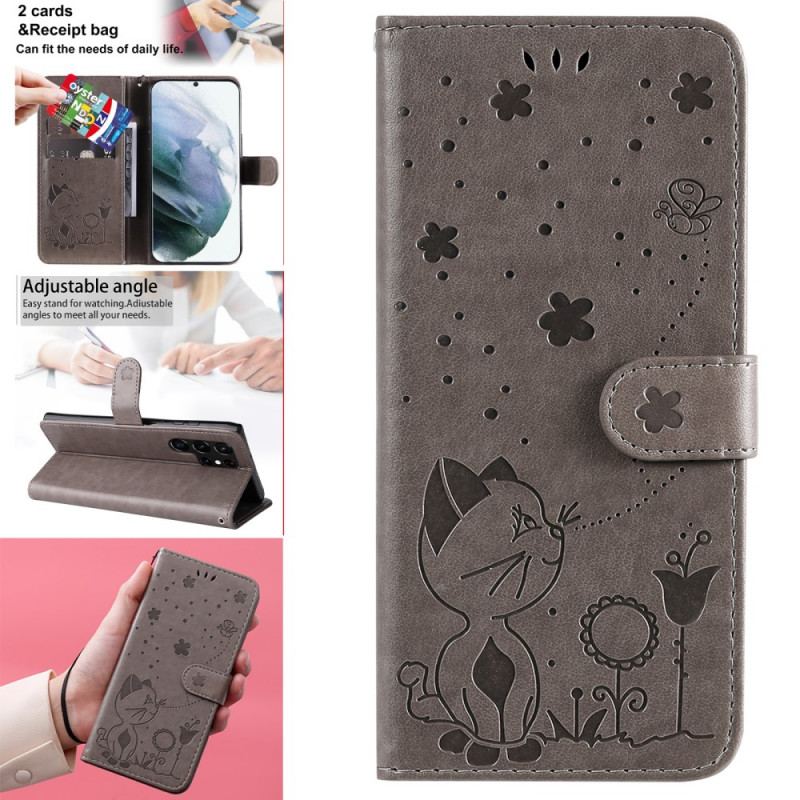 Capa Folio Para Samsung Galaxy S22 Ultra 5G De Cordão Gato E Abelha Com Cordão