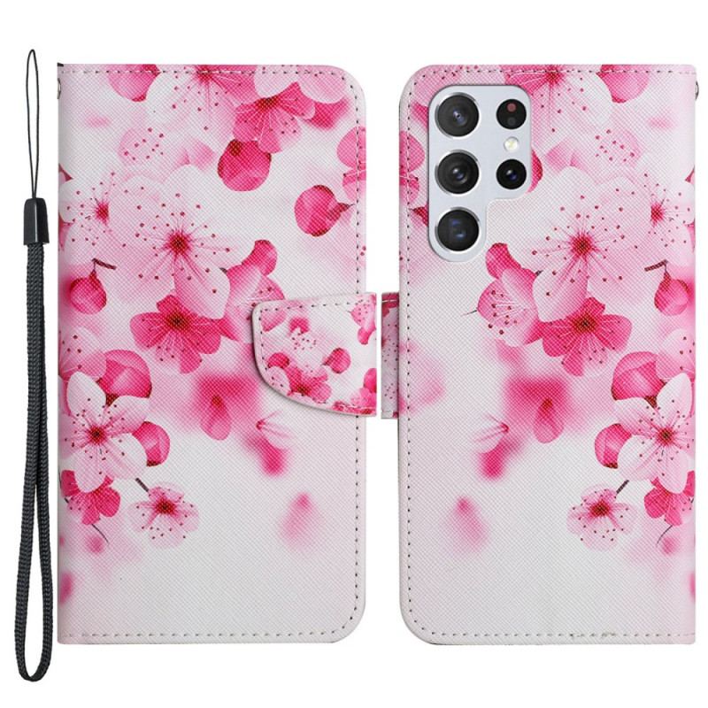 Capa Folio Para Samsung Galaxy S22 Ultra 5G De Cordão Ramo Florido Com Alça