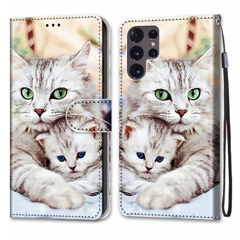 Capa Folio Para Samsung Galaxy S22 Ultra 5G Família De Gatos