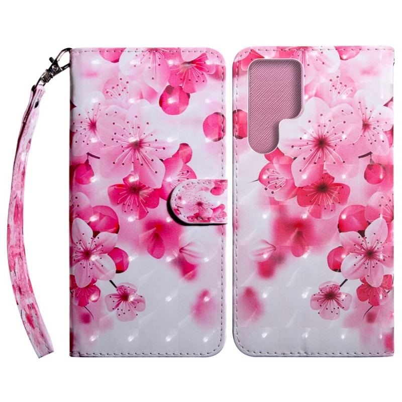 Capa Folio Para Samsung Galaxy S22 Ultra 5G Flores Cor De Rosa