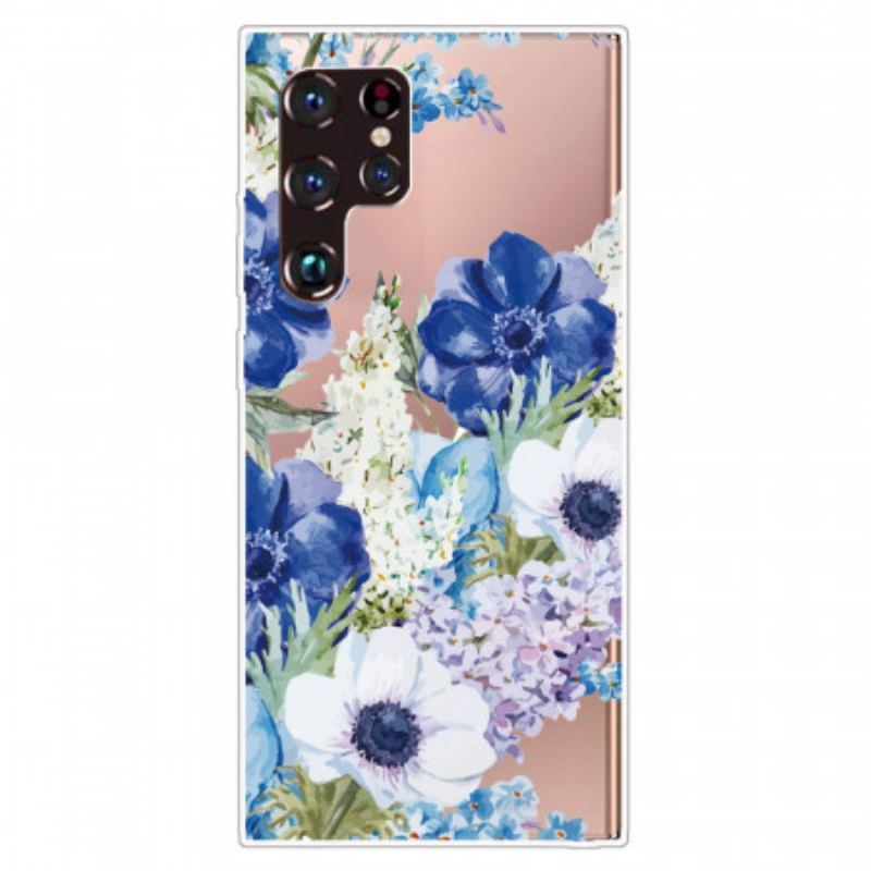 Capa Para Samsung Galaxy S22 Ultra 5G Aquarela Flores Azuis