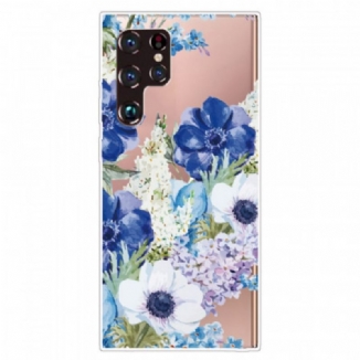 Capa Para Samsung Galaxy S22 Ultra 5G Aquarela Flores Azuis