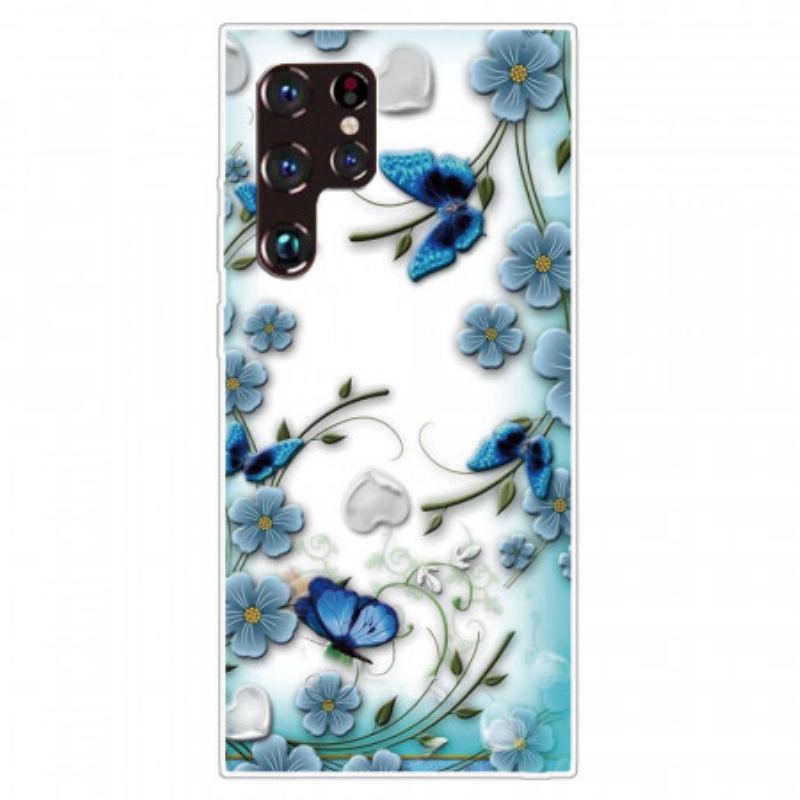 Capa Para Samsung Galaxy S22 Ultra 5G Borboletas E Flores Retrô