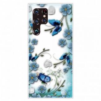 Capa Para Samsung Galaxy S22 Ultra 5G Borboletas E Flores Retrô