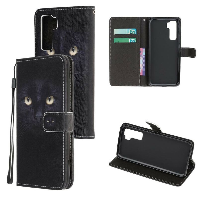 Capa Flip Para Huawei P40 Lite 5G De Cordão Olhos De Gato Preto Com Tiras