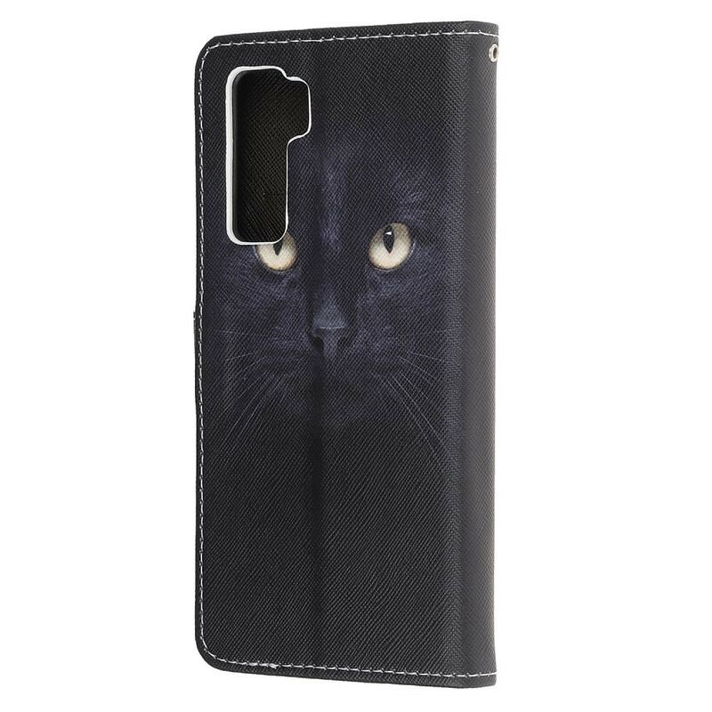 Capa Flip Para Huawei P40 Lite 5G De Cordão Olhos De Gato Preto Com Tiras