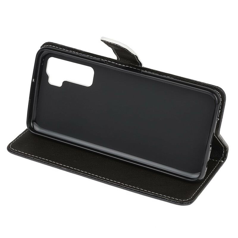 Capa Flip Para Huawei P40 Lite 5G De Cordão Olhos De Gato Preto Com Tiras