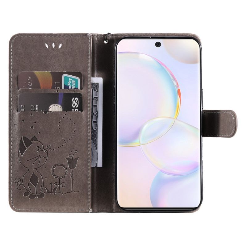 Capa Flip Para Huawei Nova 9 De Cordão Gato E Abelha Com Cordão