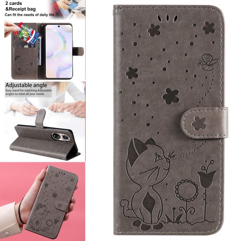 Capa Flip Para Huawei Nova 9 De Cordão Gato E Abelha Com Cordão