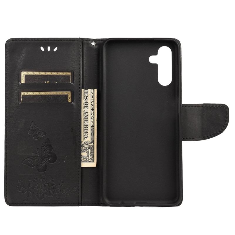 Capa De Couro Para Samsung Galaxy A13 5G / A04s De Cordão Borboletas Esplêndidas