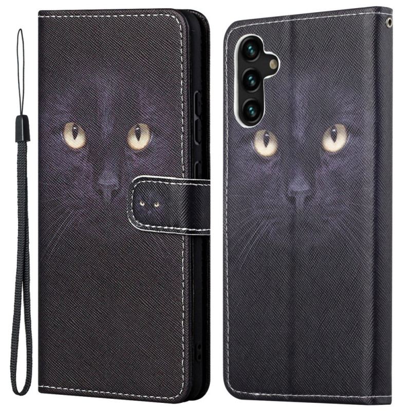 Capa De Couro Para Samsung Galaxy A13 5G / A04s De Cordão Olhos De Gato Preto Com Tiras