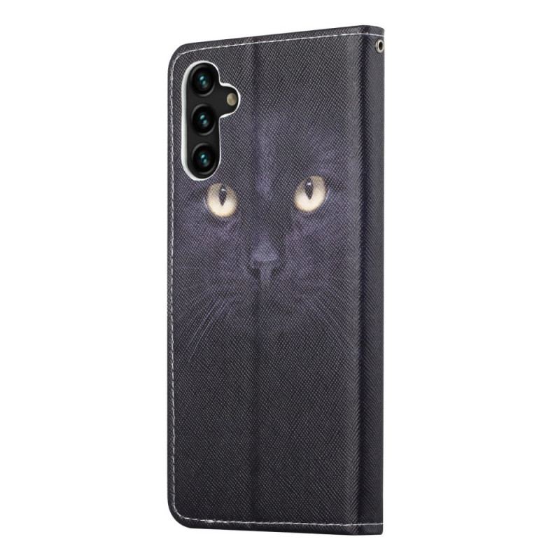 Capa De Couro Para Samsung Galaxy A13 5G / A04s De Cordão Olhos De Gato Preto Com Tiras