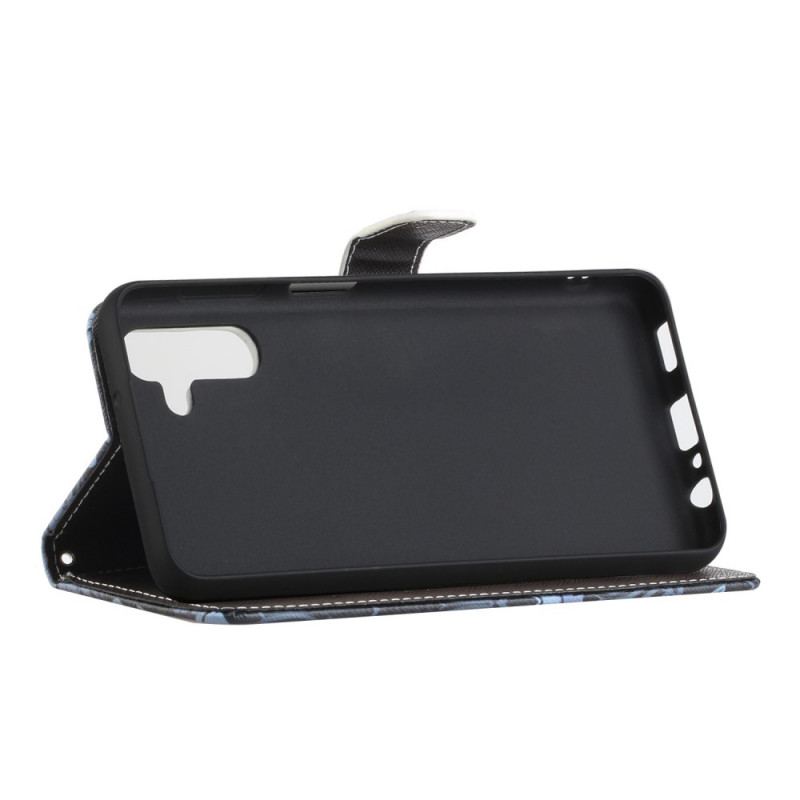 Capa De Couro Para Samsung Galaxy A13 5G / A04s De Cordão Olhos De Gato Preto Com Tiras