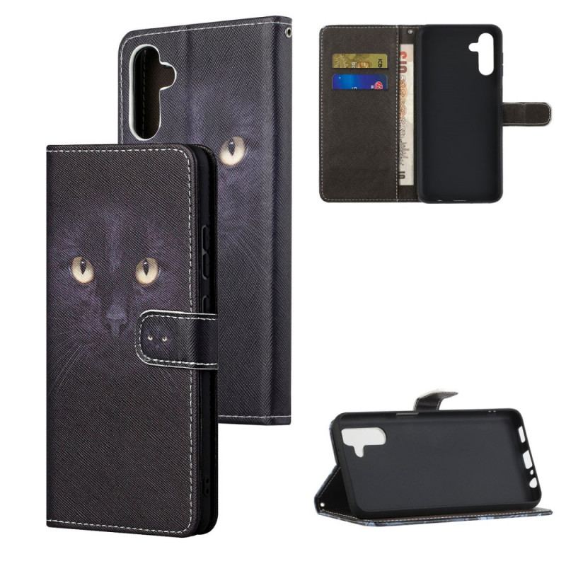 Capa De Couro Para Samsung Galaxy A13 5G / A04s De Cordão Olhos De Gato Preto Com Tiras