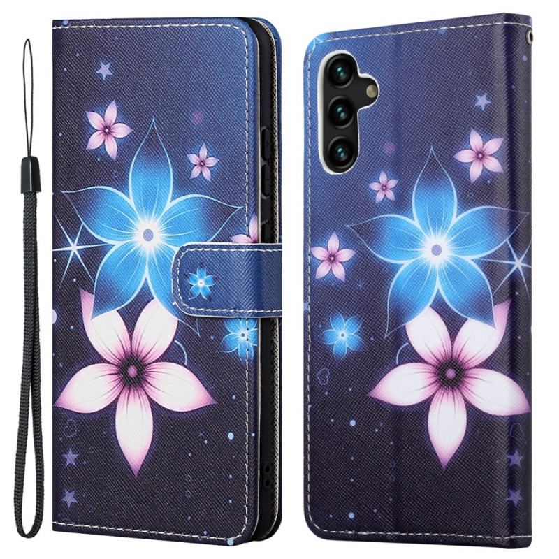 Capa Flip Para Samsung Galaxy A13 5G / A04s De Cordão Flores De Cinta Lunar