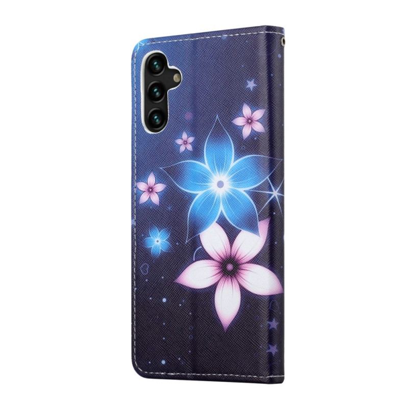 Capa Flip Para Samsung Galaxy A13 5G / A04s De Cordão Flores De Cinta Lunar