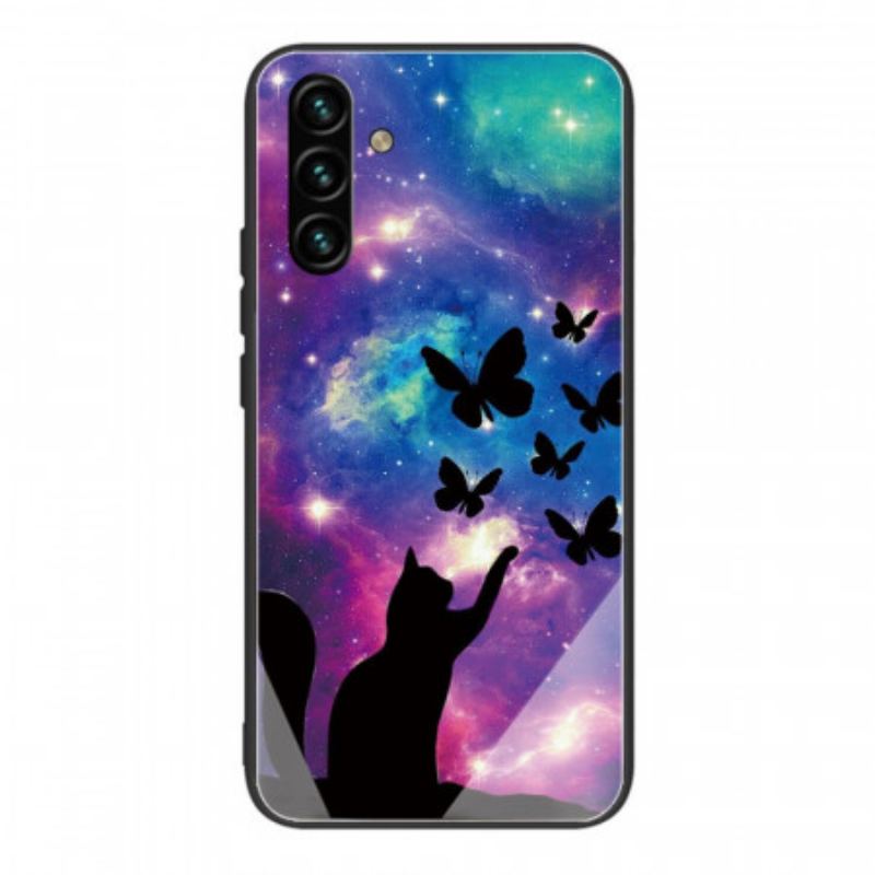 Capa Para Samsung Galaxy A13 5G / A04s Gato De Vidro Temperado E Borboletas No Espaço