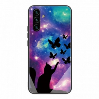 Capa Para Samsung Galaxy A13 5G / A04s Gato De Vidro Temperado E Borboletas No Espaço