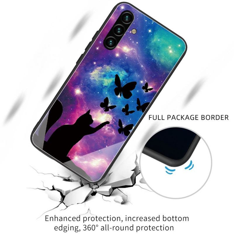 Capa Para Samsung Galaxy A13 5G / A04s Gato De Vidro Temperado E Borboletas No Espaço