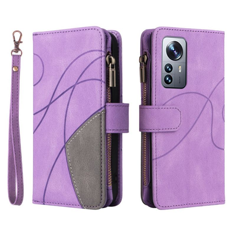 Capa Em Pele Para Xiaomi 12 Pro Bicolor Com Porta Moedas