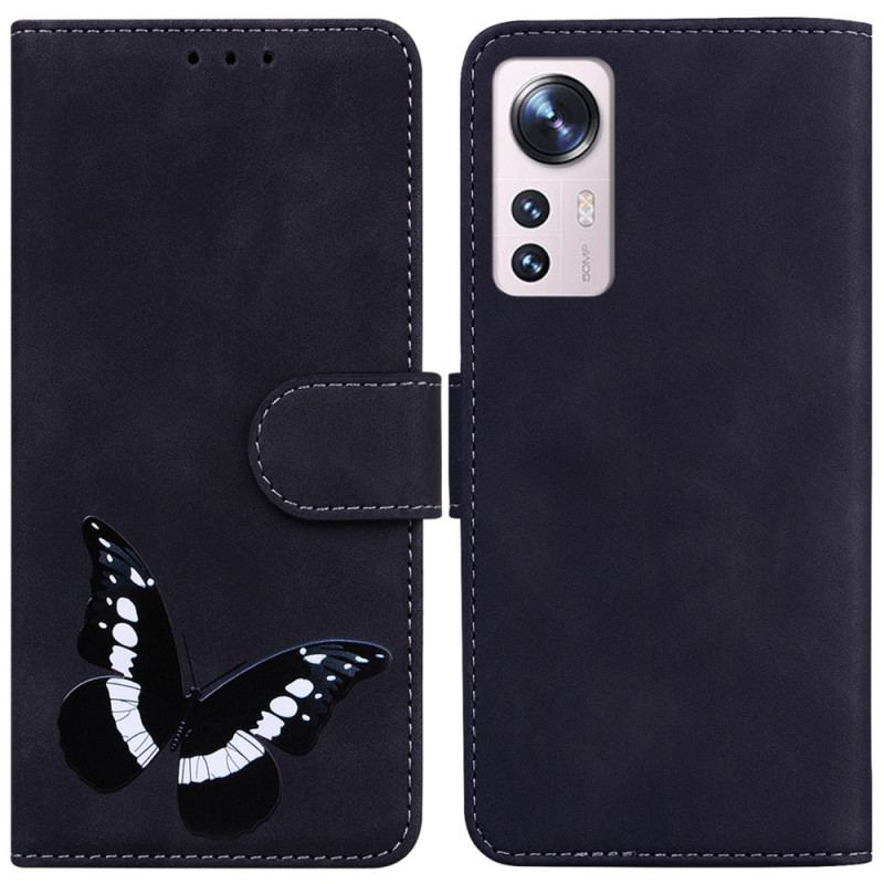 Capa Flip Para Xiaomi 12 Pro Borboleta Com Toque De Pele