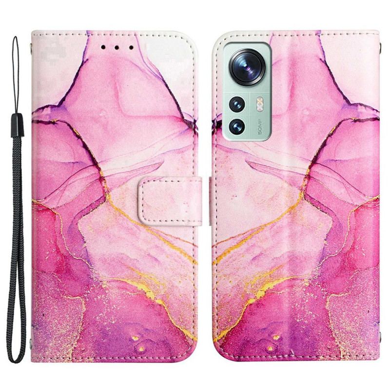 Capa Flip Para Xiaomi 12 Pro De Cordão Mármore Aquarela Listrado