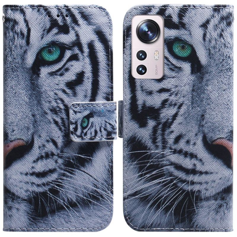 Capa Folio Para Xiaomi 12 Pro Tigre Branco