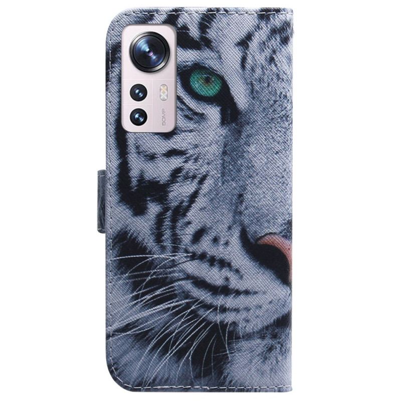 Capa Folio Para Xiaomi 12 Pro Tigre Branco