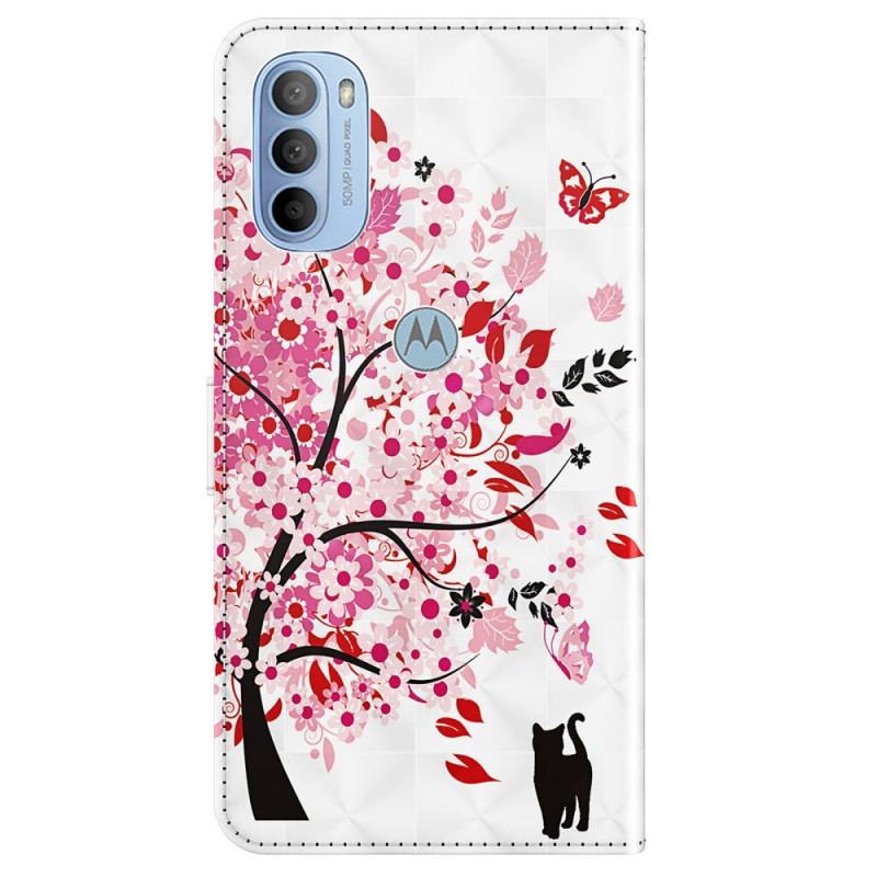 Capa Flip Para Moto G41 / G31 Árvore Rosa E Gato Preto