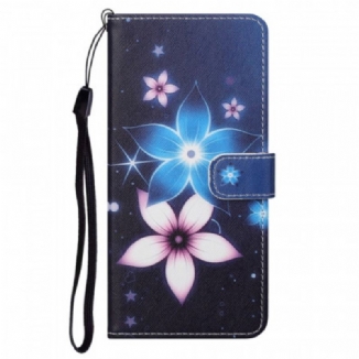 Capa Flip Para Moto G41 / G31 De Cordão Flores De Cinta Lunar