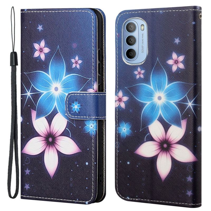 Capa Flip Para Moto G41 / G31 De Cordão Flores De Cinta Lunar