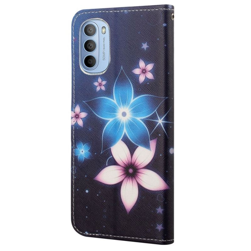 Capa Flip Para Moto G41 / G31 De Cordão Flores De Cinta Lunar