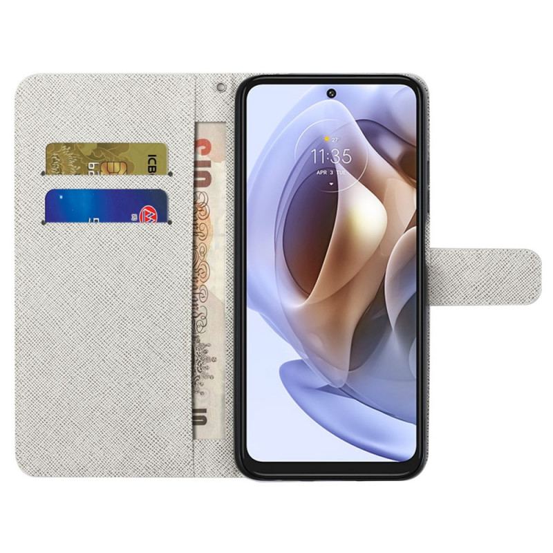 Capa Flip Para Moto G41 / G31 De Cordão Flores De Cinta Lunar