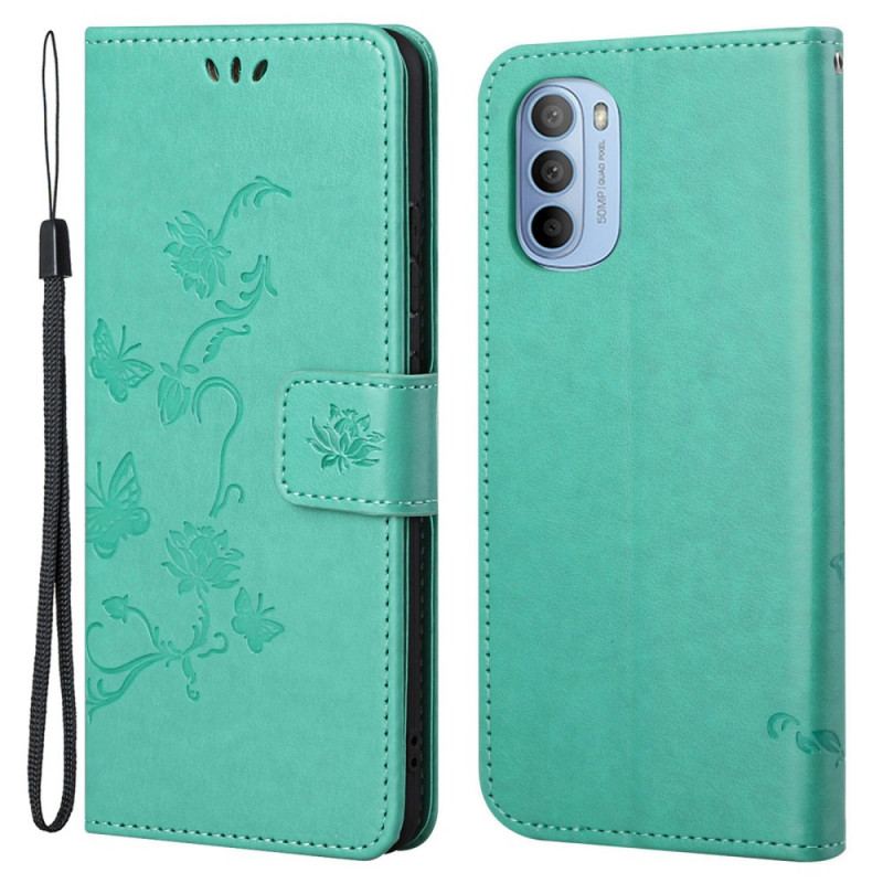 Capa Folio Para Moto G41 / G31 De Cordão Pulseira Borboletas E Flores