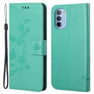 Capa Folio Para Moto G41 / G31 De Cordão Pulseira Borboletas E Flores