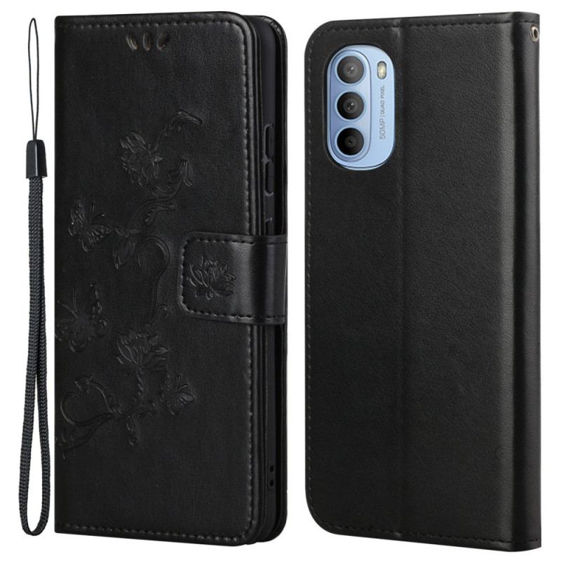 Capa Folio Para Moto G41 / G31 De Cordão Pulseira Borboletas E Flores