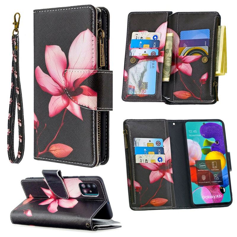 Capa De Couro Para Samsung Galaxy A51 Bolso Com Zíper Flor